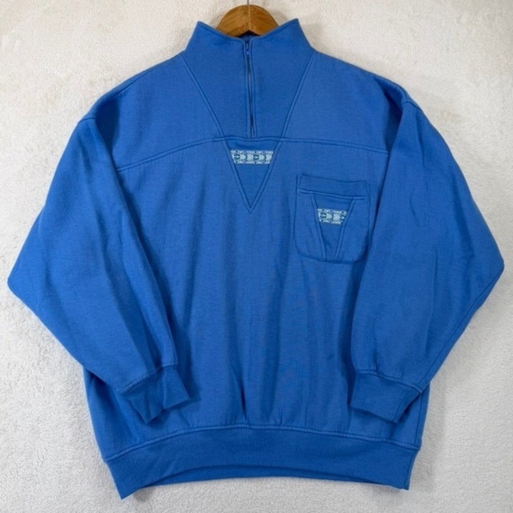Vintage Lady Footlocker Blue Quarter Zip Sweatshirt Floral Trim Acrylic Large